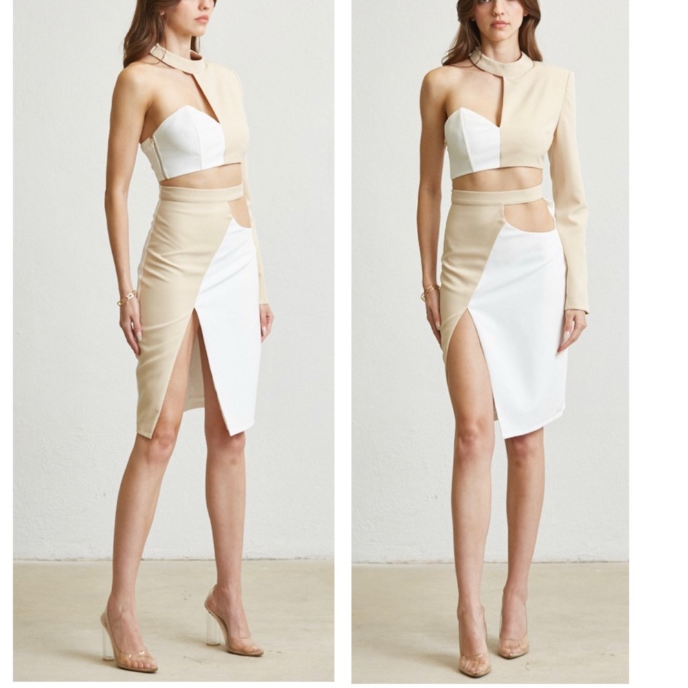 Chic Beige and White Asymmetrical Dress